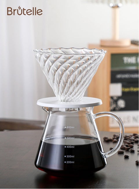 طقم تقطير v60 إبريق قهوة مكونة من قمع زجاجي وسيرفر وعاء زجاج شفاف مقاوم للحرارة بسعة 600 مل