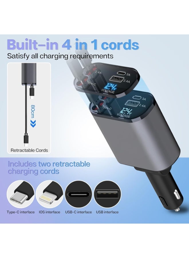 شاحن سيارة فائق السرعة 120 واط - محول 4 في 1 بكابلات متراجعة (USB-C و Lightning) | شاشة LED ذكية لعرض قوة الشحن | متوافق مع iPhone 15/14/13 وسامسونج جالاكسي وأجهزة اللابتوب. - Image 3