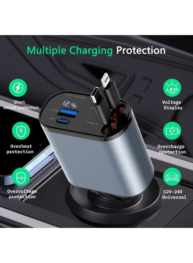 شاحن سيارة فائق السرعة 120 واط - محول 4 في 1 بكابلات متراجعة (USB-C و Lightning) | شاشة LED ذكية لعرض قوة الشحن | متوافق مع iPhone 15/14/13 وسامسونج جالاكسي وأجهزة اللابتوب. - Image 4