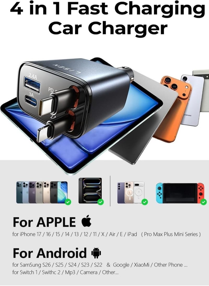 Start Universal 4-in-1 Car Charger - 120W Super Fast Charging Adapter | Built-in Retractable USB-C & Lightning Cables + USB-A & Type-C Ports | LED Display & Multi-Protection | Compatible with iPhone, MORE - Image 5