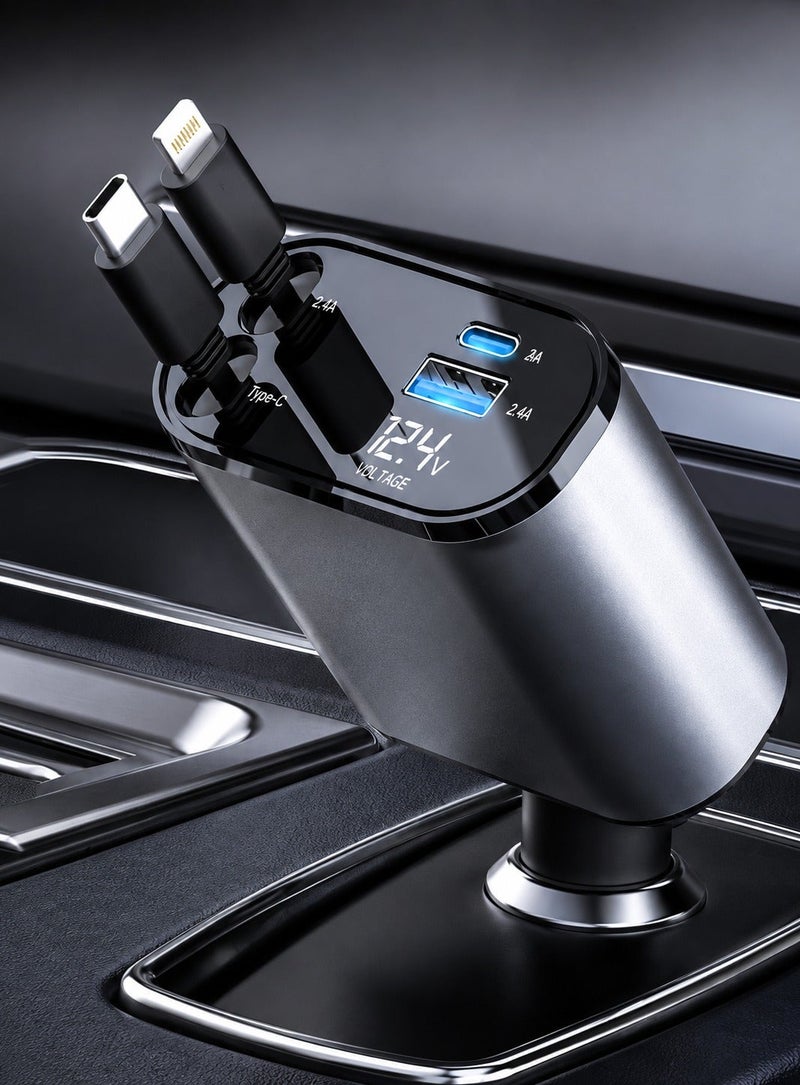 Start Universal 4-in-1 Car Charger - 120W Super Fast Charging Adapter | Built-in Retractable USB-C & Lightning Cables + USB-A & Type-C Ports | LED Display & Multi-Protection | Compatible with iPhone, MORE - Image 2