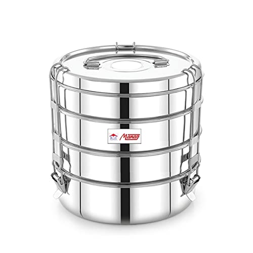 FUTENSILS Manav Stainless Steel Tiffin Box Clip Model,4-Tier-Size -11X4 (with Single Plate Between Each Tier), Used for Train Travelling, Gifting and Picnic, 5750ml, 7 Inch Dia, 1.74Kg - Image 1
