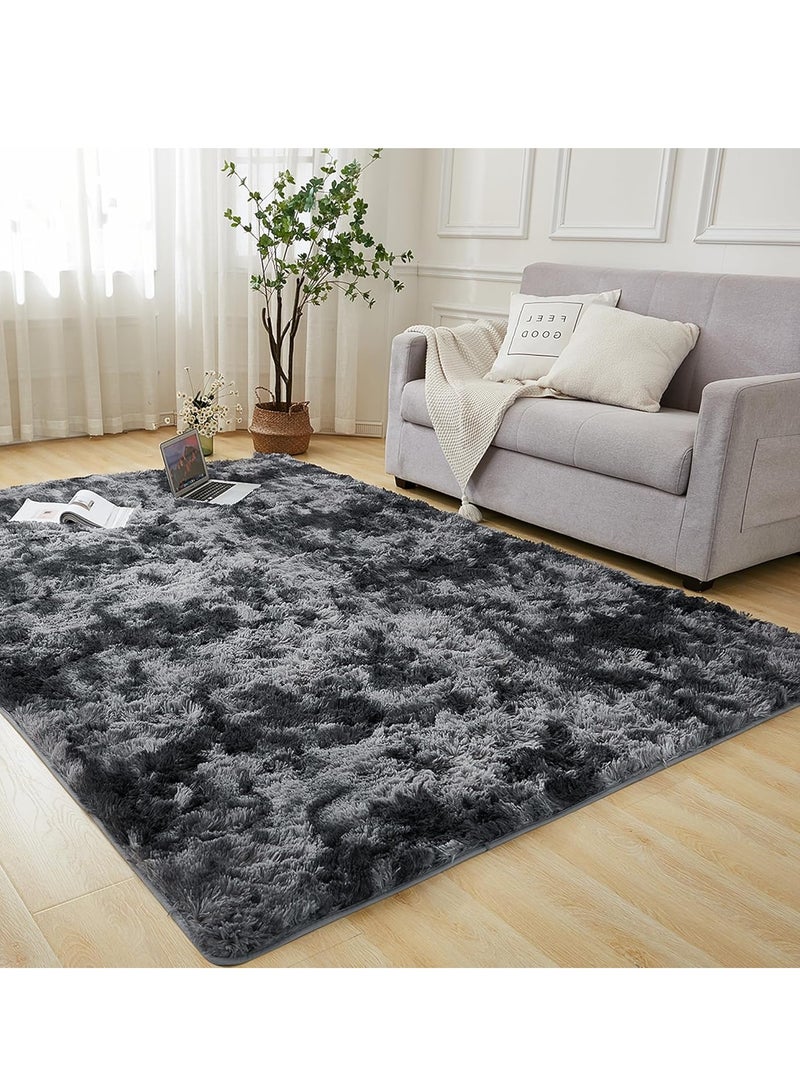 Loquat Shag Area Rug For Living Room, Tie-Dyed Light Grey Soft Fuzzy Plush Indoor Carpets For Bedroom, Non Skid Fluffy Faux Fur Rug For Room(160*200cm Dark Gray) - Image 5
