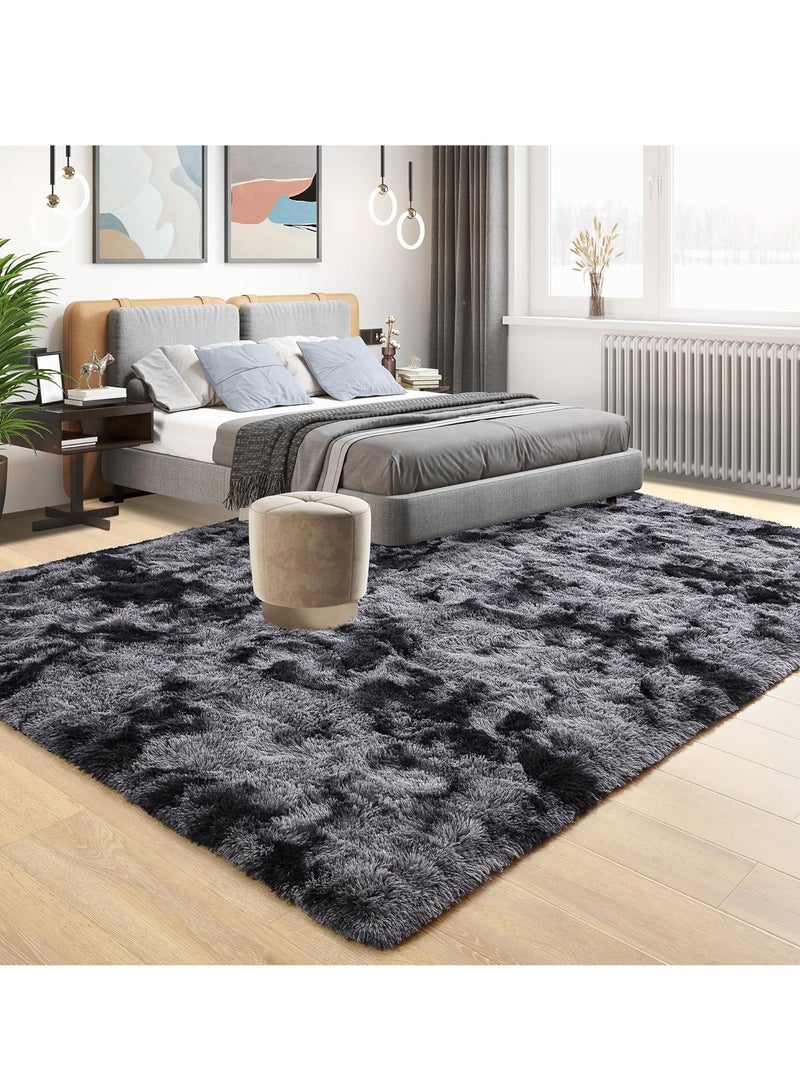 Loquat Shag Area Rug For Living Room, Tie-Dyed Light Grey Soft Fuzzy Plush Indoor Carpets For Bedroom, Non Skid Fluffy Faux Fur Rug For Room(160*200cm Dark Gray) - Image 1