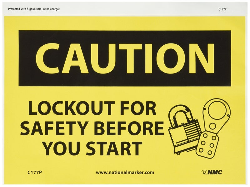 NMC C177P OSHA Sign, Legend "CAUTION - LOCKOUT FOR SAFETY BEFORE YOU START" with Graphic, 10" Length x 7" Height, Pressure Sensitive Vinyl, Black on Yellow - Image 5