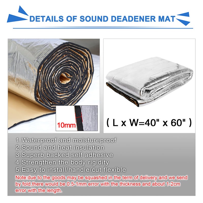 uxcell 394mil 10mm 16.36sqft Car Exhaust Muffler Heat Sound Deadener Insulation Mat Sound Deadening Mat Aluminum Foil Foam for Hood Fender 60" x 40" for Car - Image 2