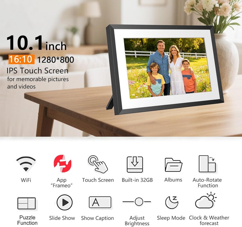 akimart 32GB FRAMEO 10.1 Inch Smart WiFi Digital Photo Frame 1280x800 IPS LCD Touch Screen, Auto-Rotate Portrait and Landscape, Share Moments Instantly via Frameo App from Anywhere - Image 2