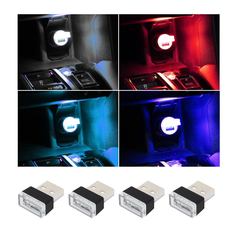 Augeny 4 PCS USB LED Car Interior Atmosphere Lamp, Plug-in USB Decor Night Light, Portable Auto Ambient Lighting Kit, Universal Vehicle Interior Accessories for Most Cars (White+Red+Blue+Ice Blue) - Image 1