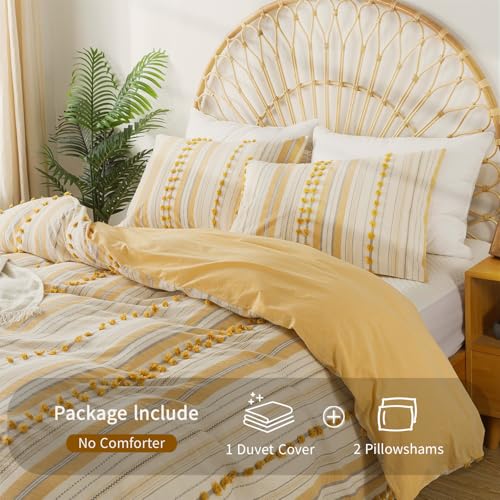 La Sheer Washed Cotton Full Size Duvet Cover Set - Tufted Dots Boho Chic Bedding for All Seasons, Striped Bohemain Bedding Linen Like Textured Breathable Durable Soft Comfy (Yellow, 89''x90'') - Image 4