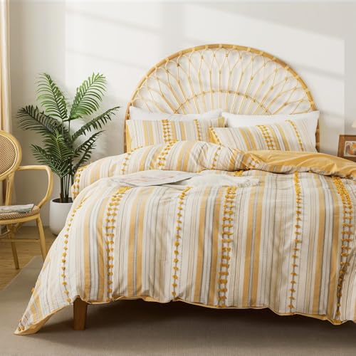 La Sheer Washed Cotton Full Size Duvet Cover Set - Tufted Dots Boho Chic Bedding for All Seasons, Striped Bohemain Bedding Linen Like Textured Breathable Durable Soft Comfy (Yellow, 89''x90'') - Image 1