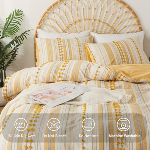 La Sheer Washed Cotton Full Size Duvet Cover Set - Tufted Dots Boho Chic Bedding for All Seasons, Striped Bohemain Bedding Linen Like Textured Breathable Durable Soft Comfy (Yellow, 89''x90'') - Image 3