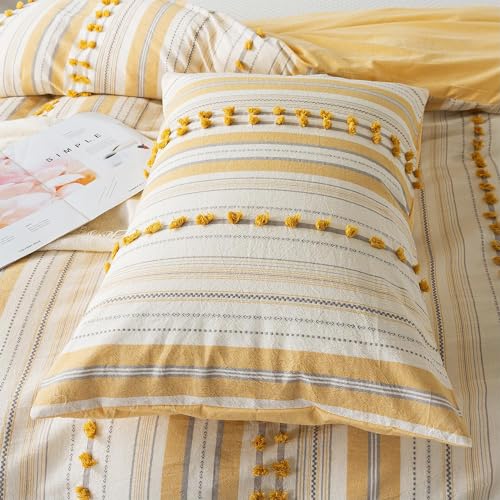 La Sheer Washed Cotton Full Size Duvet Cover Set - Tufted Dots Boho Chic Bedding for All Seasons, Striped Bohemain Bedding Linen Like Textured Breathable Durable Soft Comfy (Yellow, 89''x90'') - Image 5