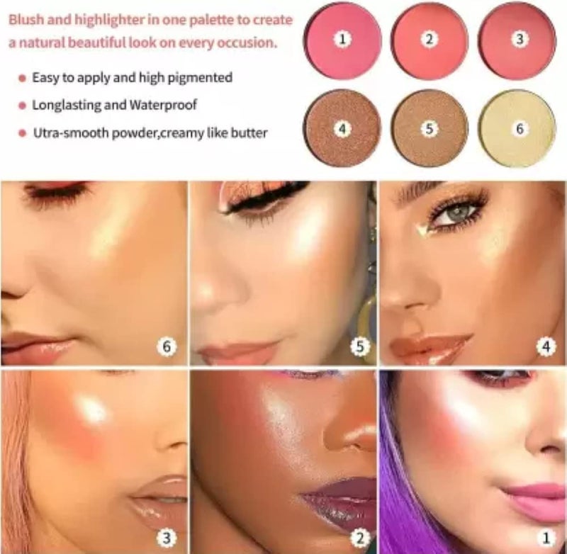 FEELHIGH 6 color Blusher  Highlighter Palette Contour Bronzer All in One Face Makeup Highlighter - Image 4