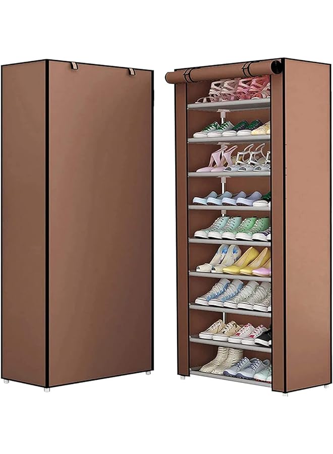 U-HOOME منظم أحذية قابل للتكديس مكون من 9 طبقات مع غطاء مقاوم للغبار، بني، 27 زوجًا، كبير الحجم - Image 1