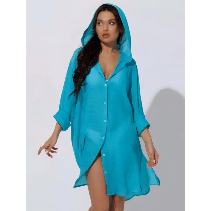 فستان بيكيني مع غطاء رأس بلون سادة - Image 5