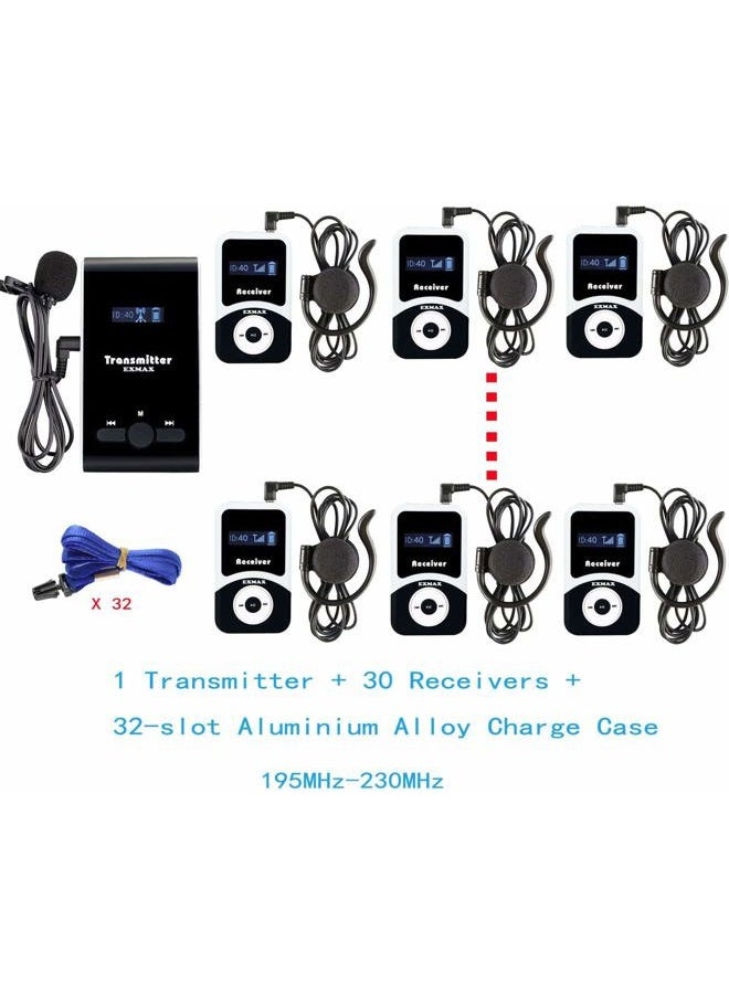 EXMAX ATG-100T 195-230MHz Wireless Tour Guide Monitoring Voice Audio Transmission System + Aluminium Alloy Charge Case for Teaching Tour guides Conference Church Trip(2 Transmitters and 30 Receivers) - Image 4