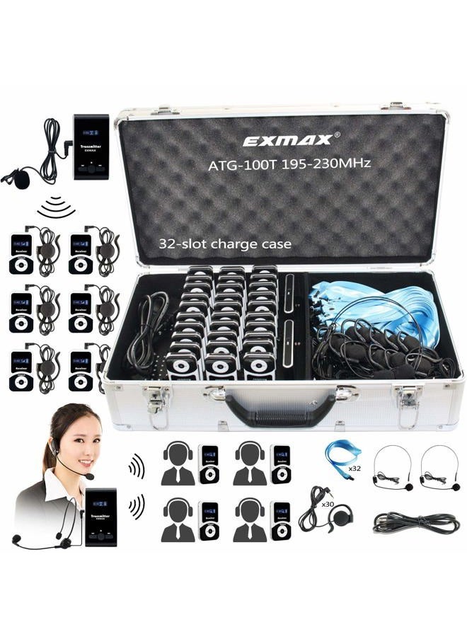 EXMAX ATG-100T 195-230MHz Wireless Tour Guide Monitoring Voice Audio Transmission System + Aluminium Alloy Charge Case for Teaching Tour guides Conference Church Trip(2 Transmitters and 30 Receivers) - Image 1