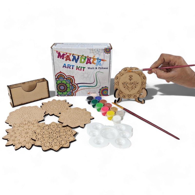 StepsToDo Mandalas Paint Kit C. Tea Coaster Set - Mandal Art, Set of 6 Wooden Base (4 inch) With Case, Colours, Painting Brush and Dish - Image 2
