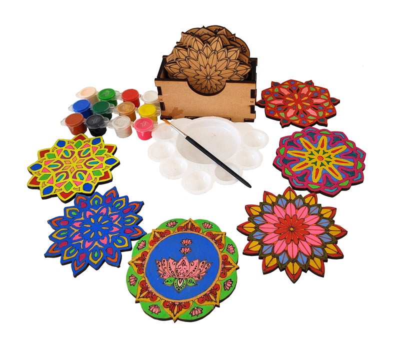 StepsToDo Mandalas Paint Kit C. Tea Coaster Set - Mandal Art, Set of 6 Wooden Base (4 inch) With Case, Colours, Painting Brush and Dish - Image 4