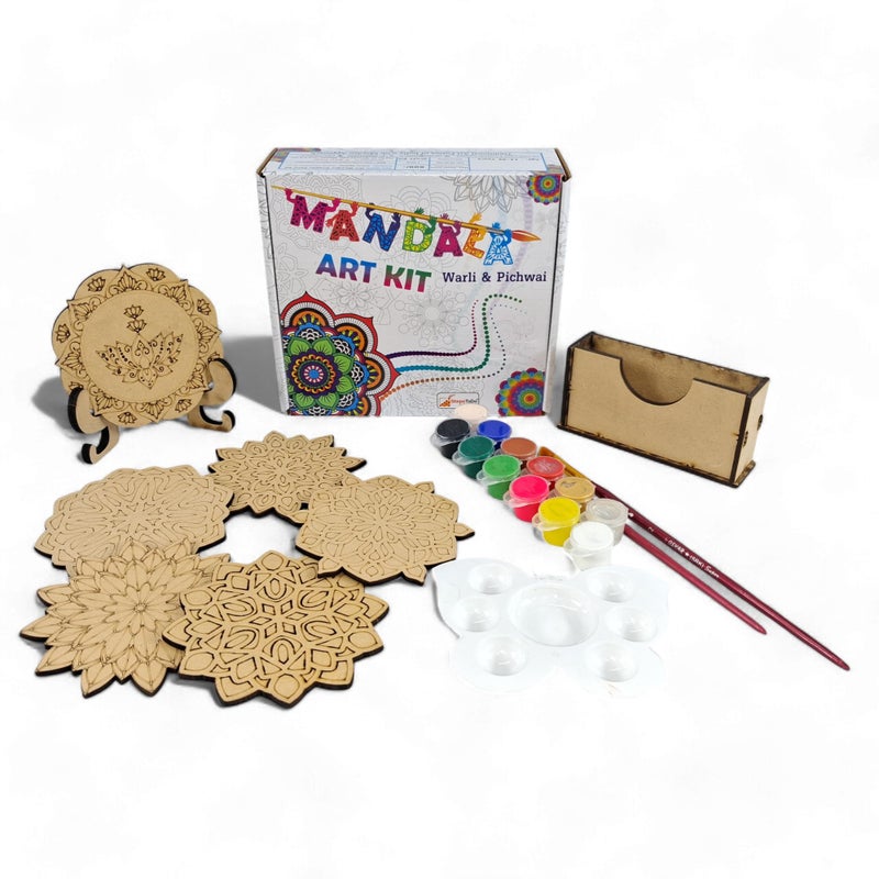 StepsToDo Mandalas Paint Kit C. Tea Coaster Set - Mandal Art, Set of 6 Wooden Base (4 inch) With Case, Colours, Painting Brush and Dish - Image 1