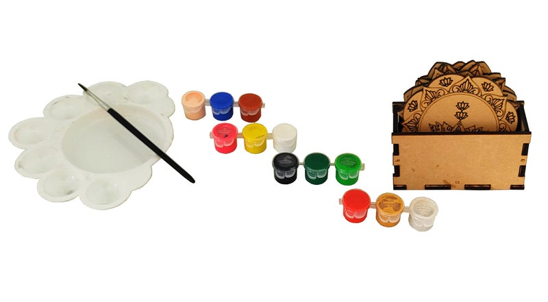 StepsToDo Mandalas Paint Kit C. Tea Coaster Set - Mandal Art, Set of 6 Wooden Base (4 inch) With Case, Colours, Painting Brush and Dish - Image 5