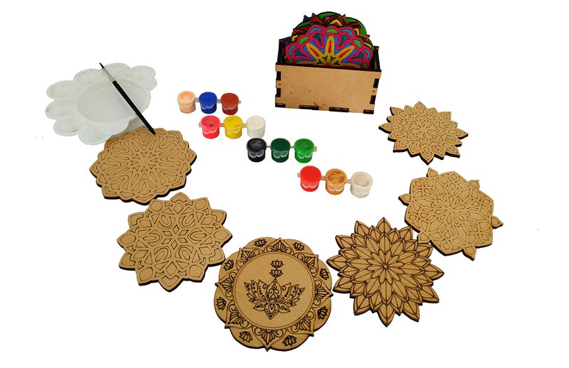 StepsToDo Mandalas Paint Kit C. Tea Coaster Set - Mandal Art, Set of 6 Wooden Base (4 inch) With Case, Colours, Painting Brush and Dish - Image 3