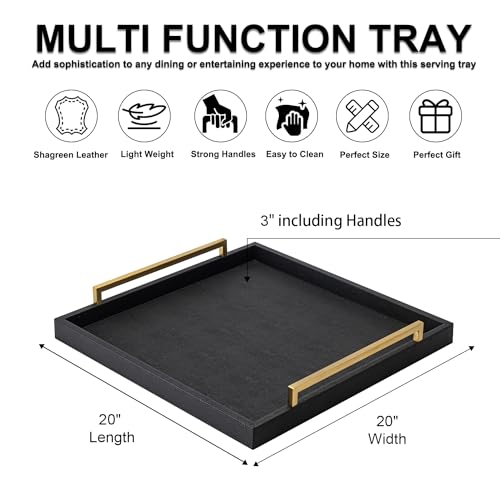 XIGEXIGE Extra Black Large Serving Tray with Handles for Ottoman,Versatile Shagreen Leather Square Ottoman Tray for Living Room - Image 3