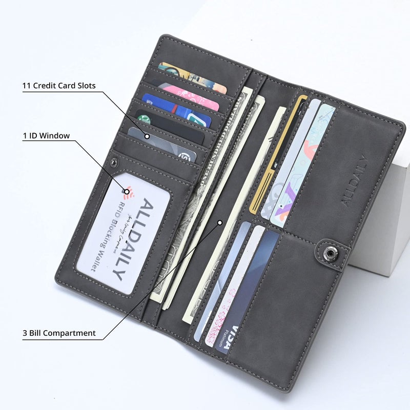 Alldaily Ultra Slim Thin Women Wallet RFID Blocking Credit Card Holder Bifold Long Ladies Billfold (Grey) - Image 3