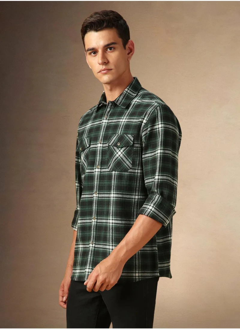 دينيس لينغو Men's Green 100% Cotton Checkered Shirt