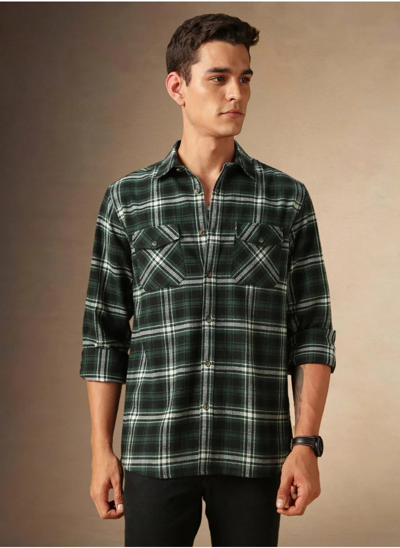 دينيس لينغو Men's Green 100% Cotton Checkered Shirt