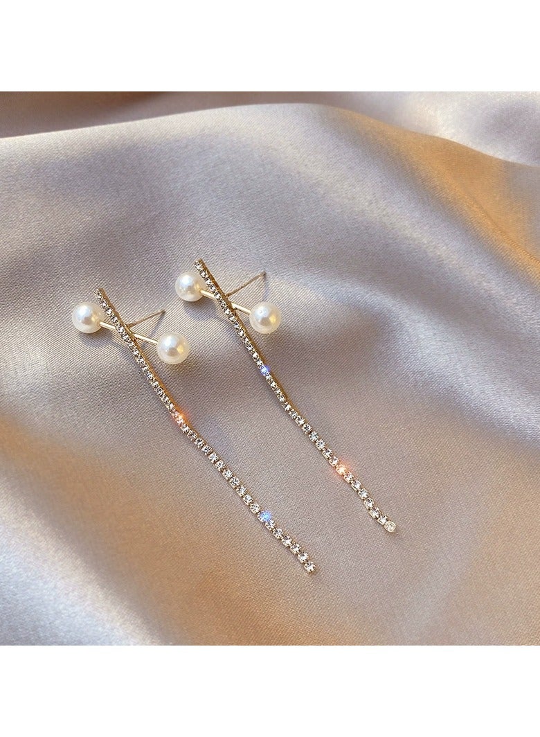 Goolsky أقراط كورية من فضة S925 بتصميم صليب مع خرز لامع – أقراط كريستالية طويلة فاخرة، مجوهرات أنيقة للمناسبات الرسمية