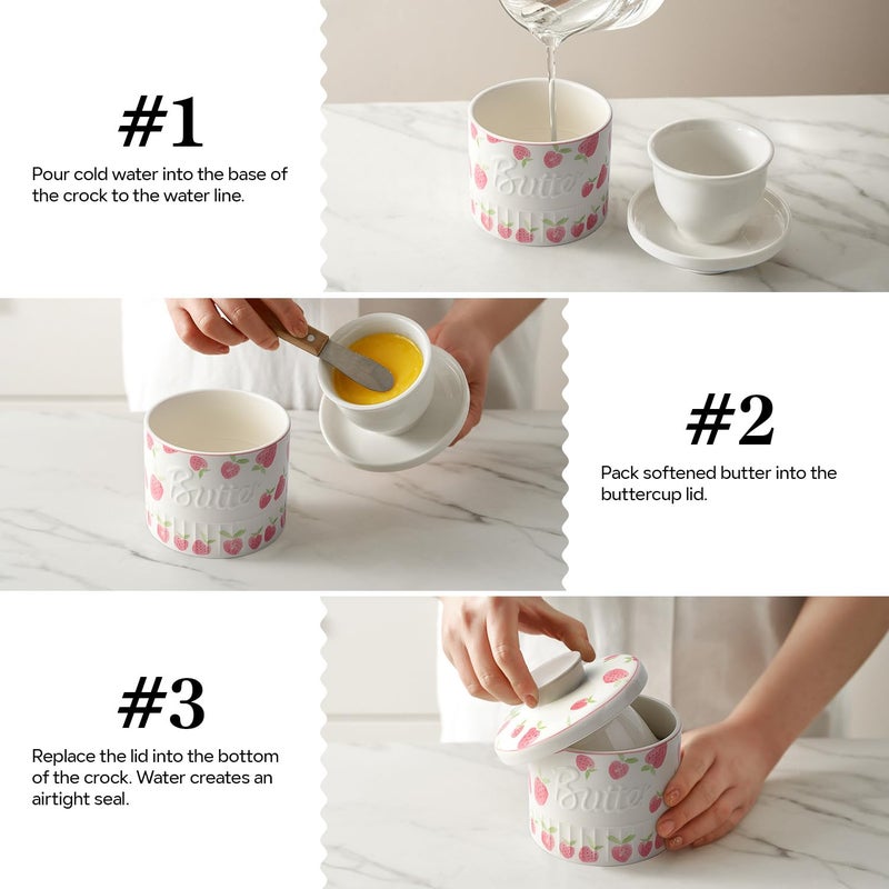 Toptier Butter Crock for Counter With Water Line, On Demand Spreadable Butter, Ceramic Butter Keeper to Leave On Counter, French Butter Dish with Lid (Strawberry) - Image 3