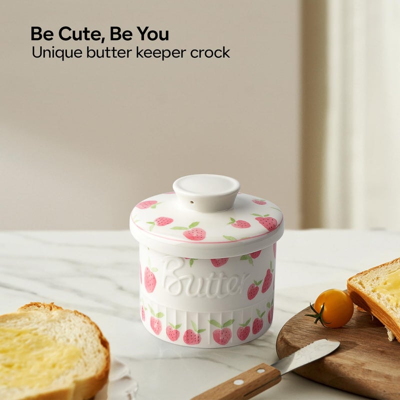Toptier Butter Crock for Counter With Water Line, On Demand Spreadable Butter, Ceramic Butter Keeper to Leave On Counter, French Butter Dish with Lid (Strawberry) - Image 2