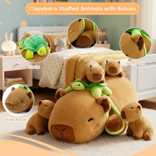 SQEQE Capybara Stuffed Animals with Babies Inside Capybara Plush with Mommy 4 Babies Cute Plushies with Turtle Backpack Decor Soft Pillow Toy for Kids Adults Valentines Stuffed Animals - Image 5