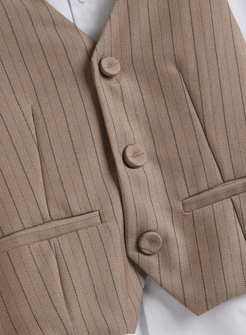 victor and jane Stripe beige Waistcoat And Pant Set With Shirt And Bow Tie