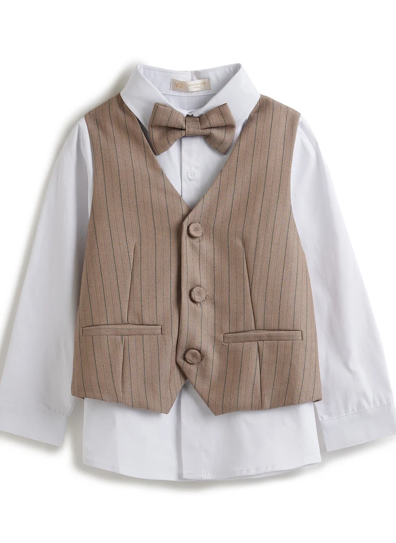 victor and jane Stripe beige Waistcoat And Pant Set With Shirt And Bow Tie