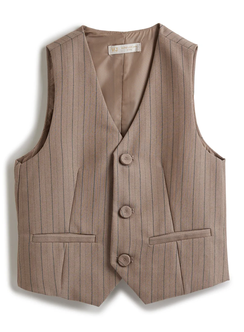 victor and jane Stripe beige Waistcoat And Pant Set With Shirt And Bow Tie