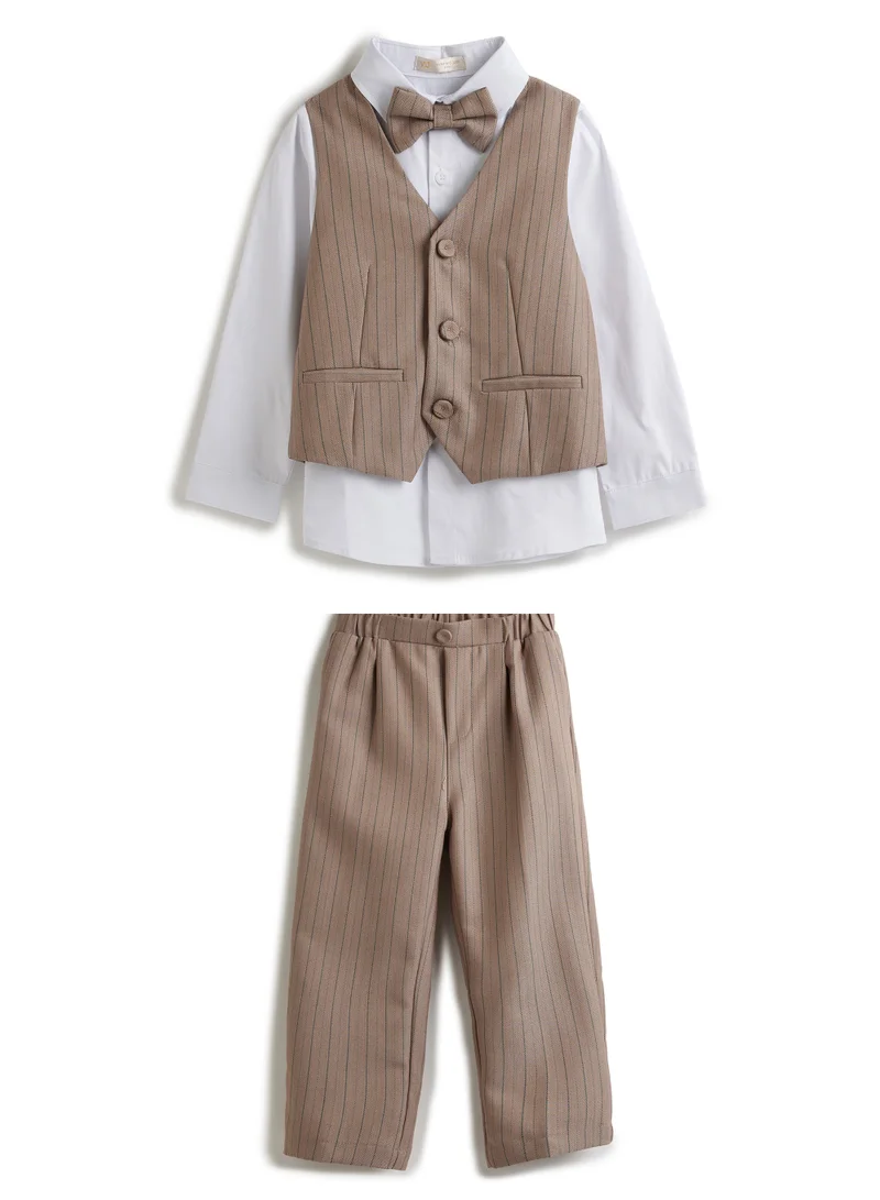 victor and jane Stripe beige Waistcoat And Pant Set With Shirt And Bow Tie