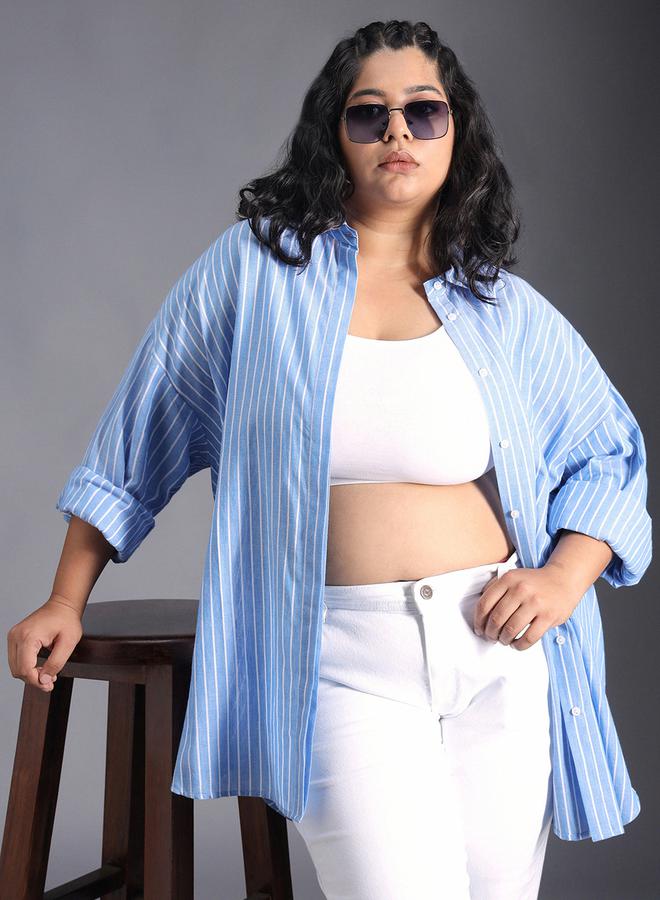 هاي ستار بلوزة مخططة فضفاضة بمقاس كبير وأزرار - Image 5