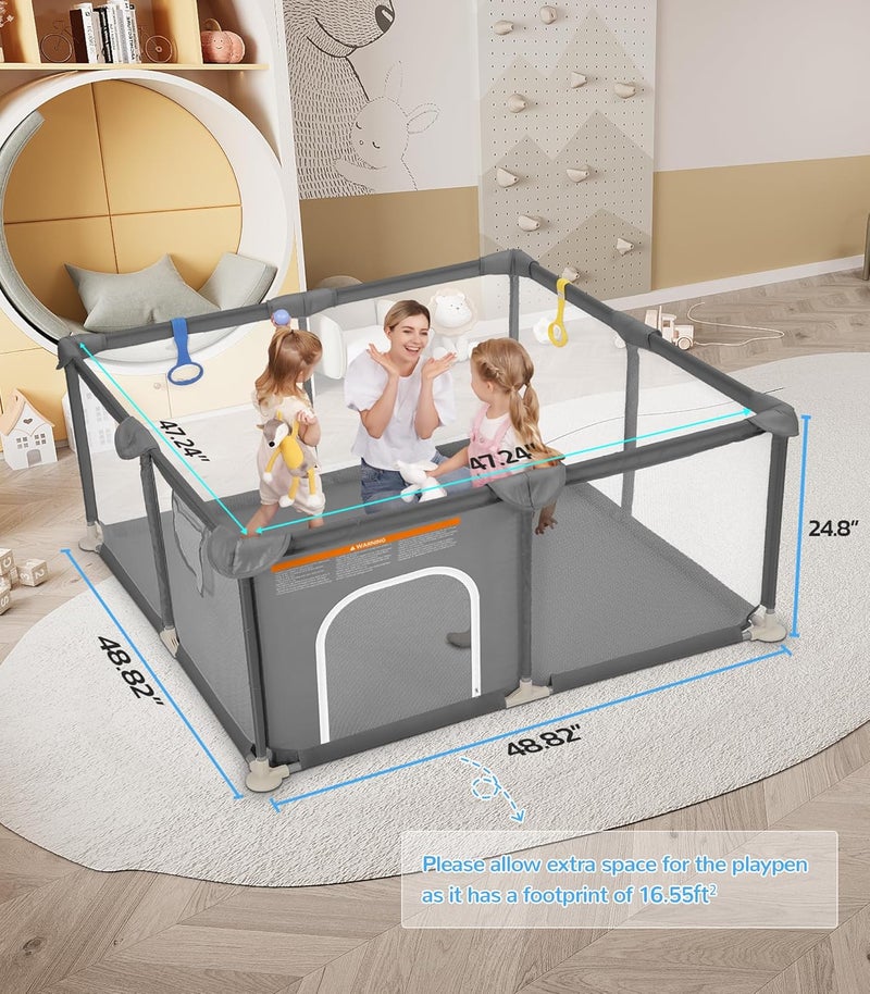Dripex Playpen for Babies and Toddlers, Safe Anti-Fall Play Yard, Visible Play Pen with Gate, Baby Fence Play Area with Pull-up Ring, Washable Baby Play Yards, Anchor Grey, 50"x50" - Image 2