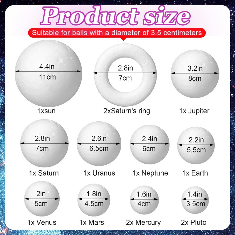 Innconee 36 Solar System Model Project Kit Include 14 Solar System Foam Balls 12 Pigment 2 Brushes DIY Polystyrene Spheres Balls for Outer Space Planet Foam Kids School Science Projects - Image 2