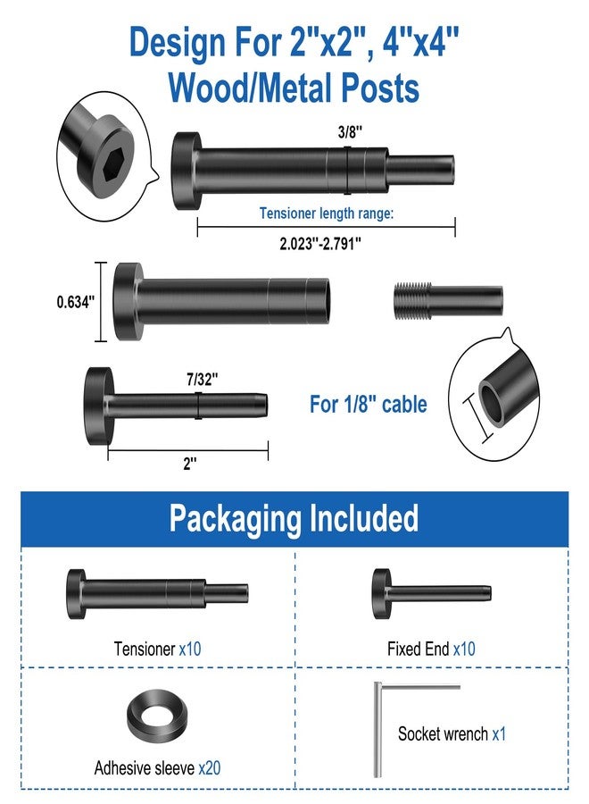 BLIKA Upgraded 10 Pairs 1/8" Black Invisible Cable Railing Kit, Hidden Swage Tensioner and Ends for 2"x2", 4''x4'' Wood & Metal Posts, T316 Stainless Steel, 4''x4'' Deck Stair Cable Railing Hardware - Image 2