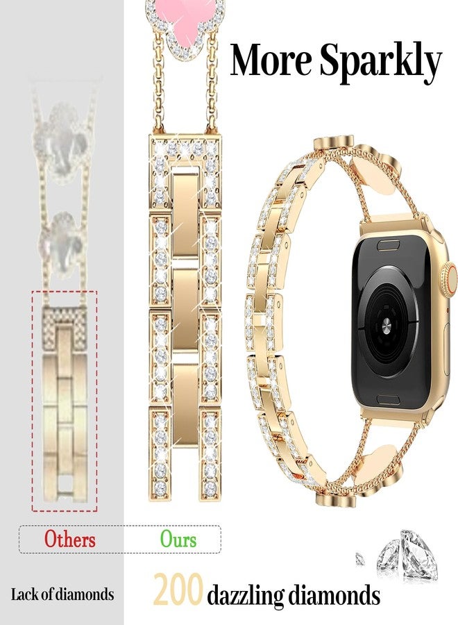 MOINSPIRE Gold Bling Diamond Clover Bands Women Compatible with Apple Watch 40mm 38mm 41mm 42mm(S10) Lucky Cute Sparkle Dressy Bracelet Metal Strap for iWatch Series SE/10/9/8/7/6/5/4/3/2/1 - Image 3