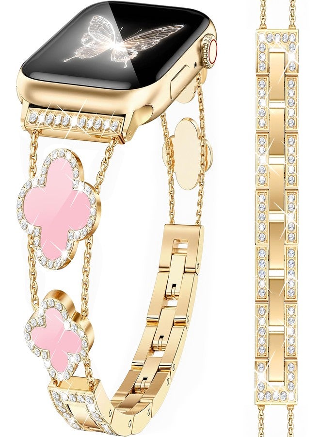 MOINSPIRE Gold Bling Diamond Clover Bands Women Compatible with Apple Watch 40mm 38mm 41mm 42mm(S10) Lucky Cute Sparkle Dressy Bracelet Metal Strap for iWatch Series SE/10/9/8/7/6/5/4/3/2/1 - Image 1