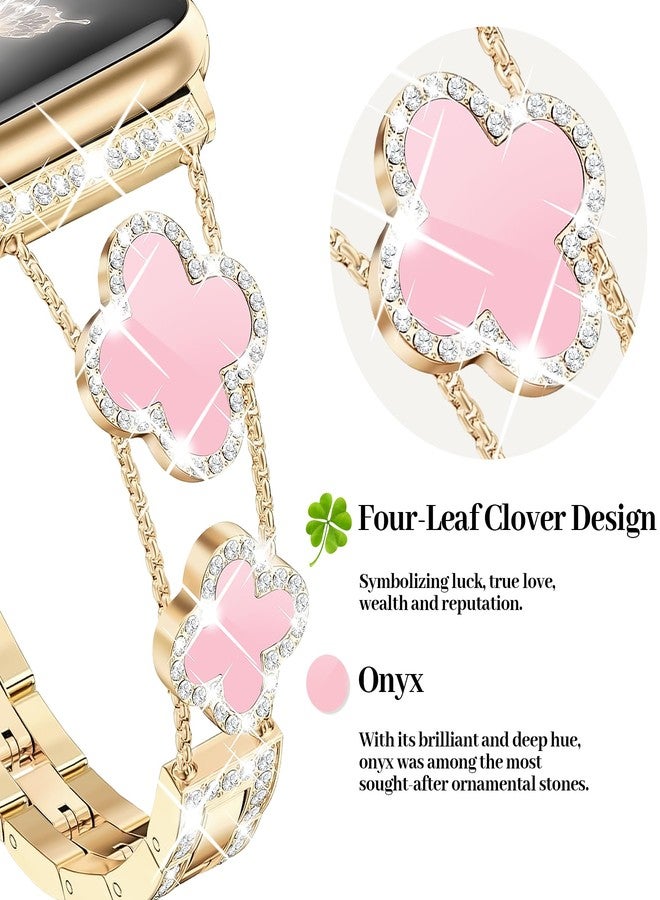 MOINSPIRE Gold Bling Diamond Clover Bands Women Compatible with Apple Watch 40mm 38mm 41mm 42mm(S10) Lucky Cute Sparkle Dressy Bracelet Metal Strap for iWatch Series SE/10/9/8/7/6/5/4/3/2/1 - Image 2