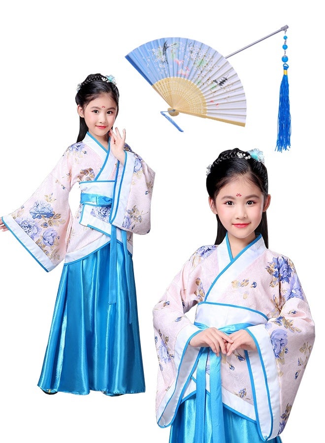 مجموعة فستان هانفو التقليدي الصيني بالمراوح والتاسل، نمط الأزهار الأزرق والأبيض، زي ثقافي مع الإكسسوارات - Image 1
