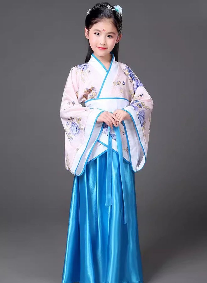 مجموعة فستان هانفو التقليدي الصيني بالمراوح والتاسل، نمط الأزهار الأزرق والأبيض، زي ثقافي مع الإكسسوارات - Image 5