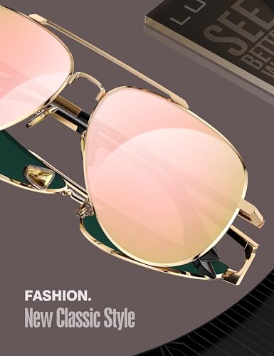 LUENX Aviator Sunglasses Polarized for Women Mirror Pink Lens Metal Gold Frame with case - Image 3
