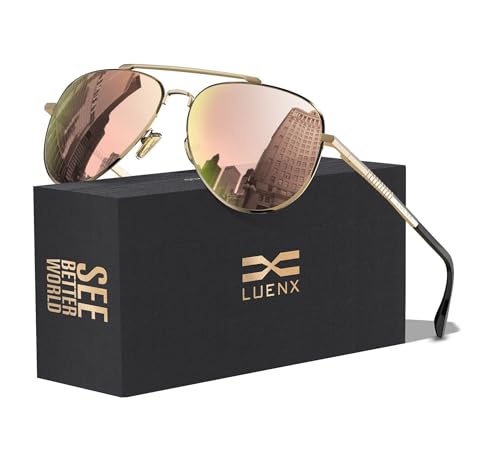 LUENX Aviator Sunglasses Polarized for Women Mirror Pink Lens Metal Gold Frame with case - Image 1