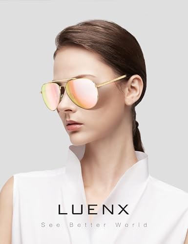 LUENX Aviator Sunglasses Polarized for Women Mirror Pink Lens Metal Gold Frame with case - Image 2
